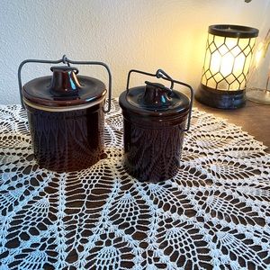Pair of Vintage Dark Brown Glaze Stoneware Crock with Wire Lock Lid